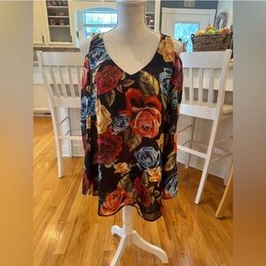 Show me your Mumu rose patterned long sleeve cold shoulder tunic dress